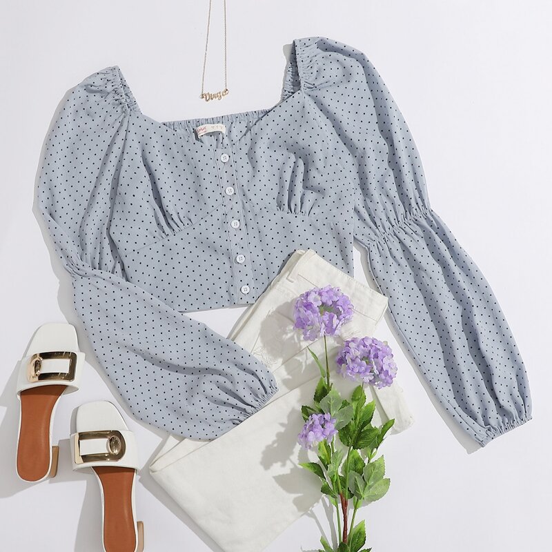

Polka Dot Milkmaid Crop Top, Dusty blue