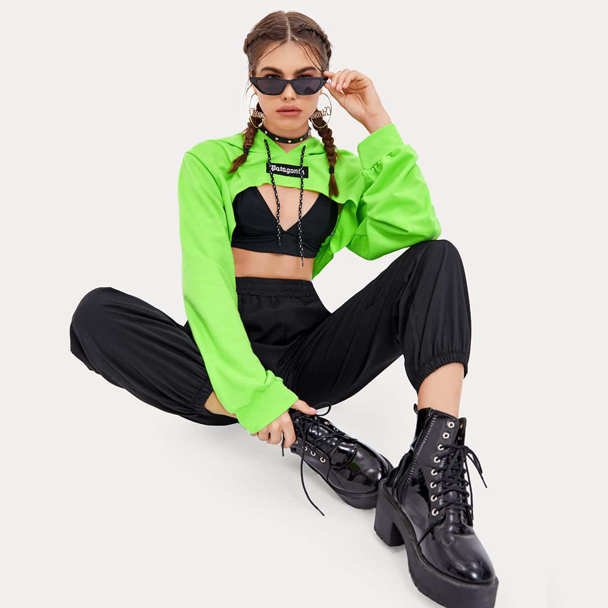 

Letter Graphic Super Crop Hoodie, Bright lime green