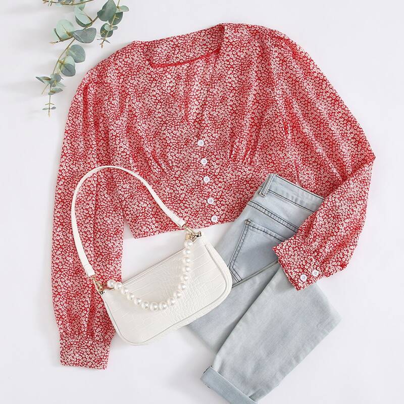 

Ditsy Floral Button Front Crop Blouse, Red