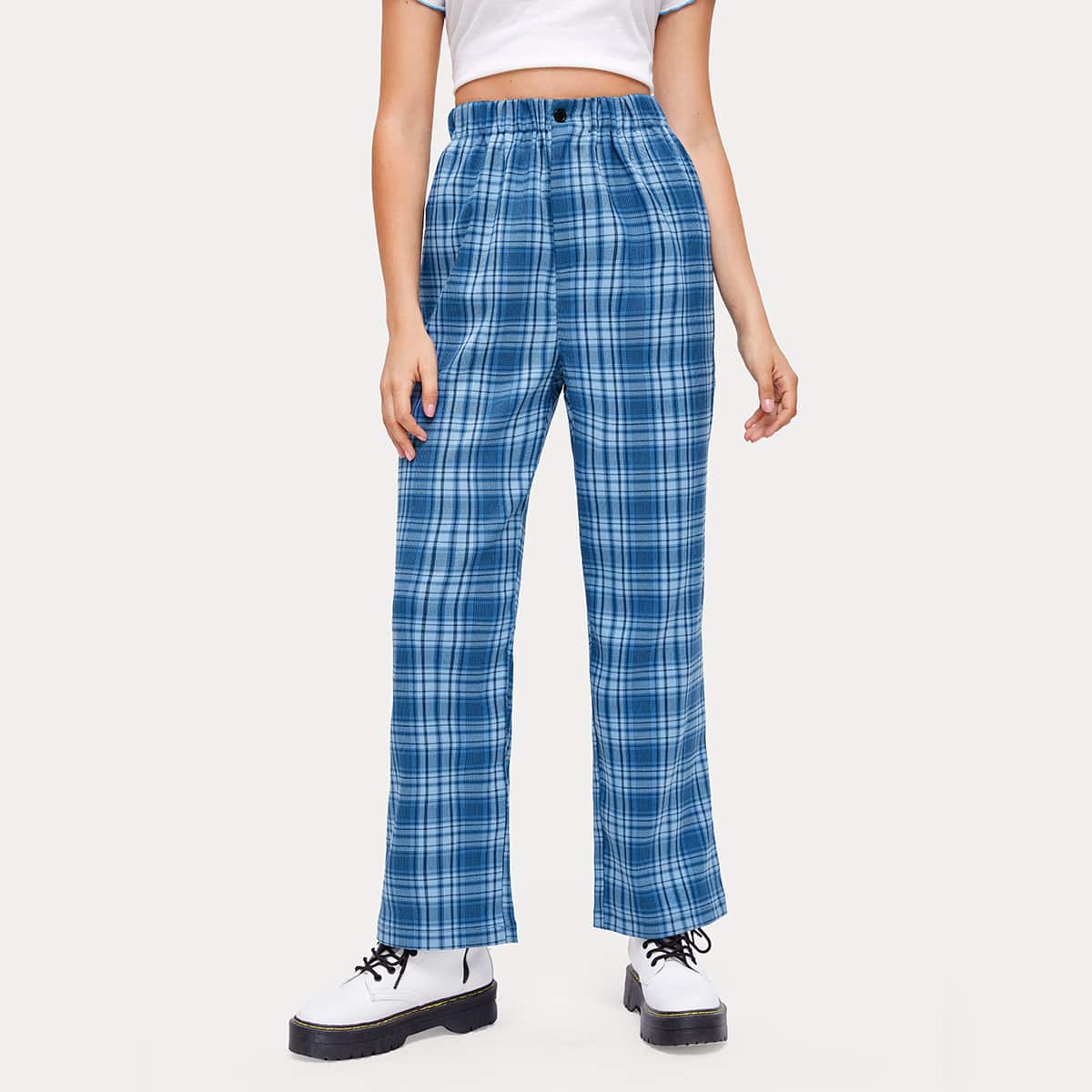 

Plaid High Rise Pants, Blue