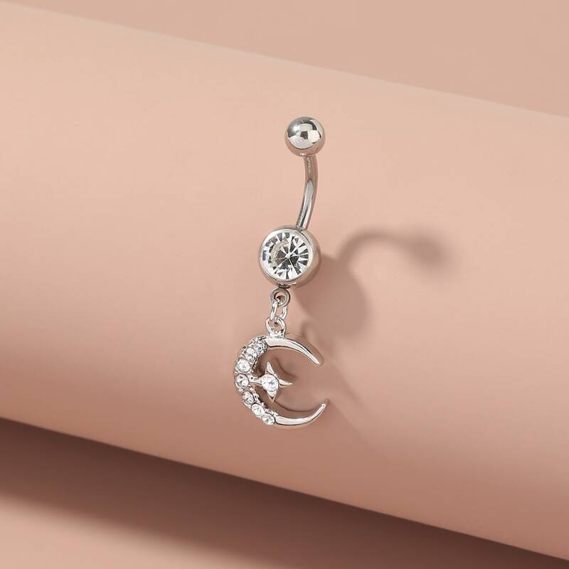 

Diamond Inlaid Moon Star Belly Ring, Silver