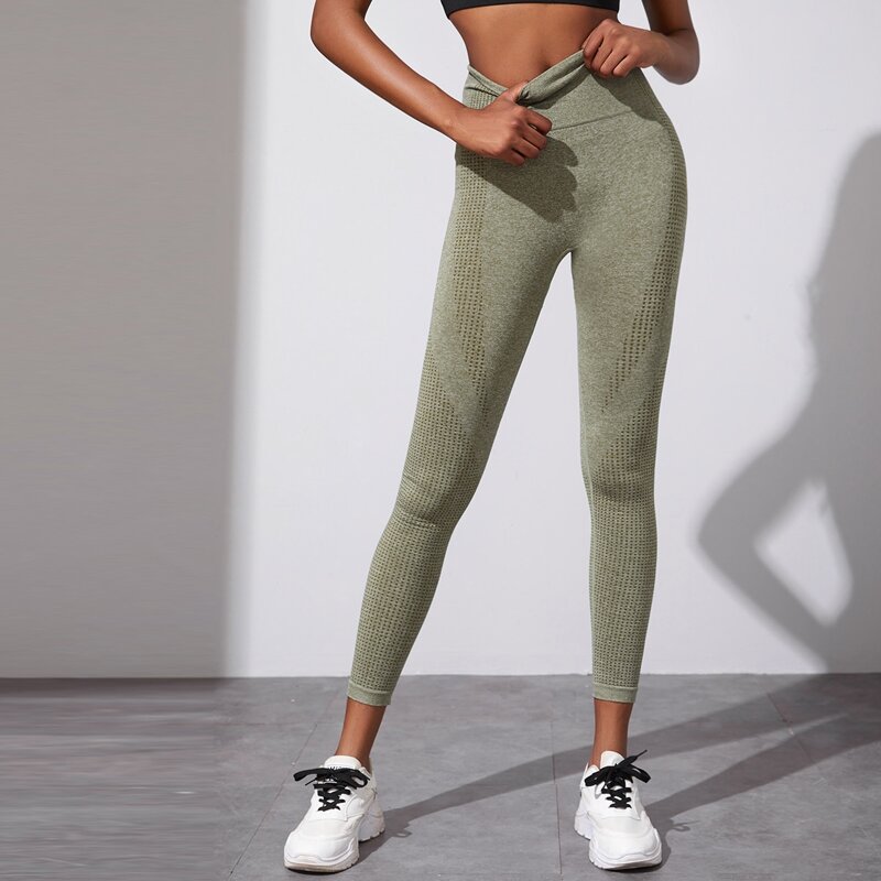 

Topstitching Wide Waistband Sports Leggings, Olive green