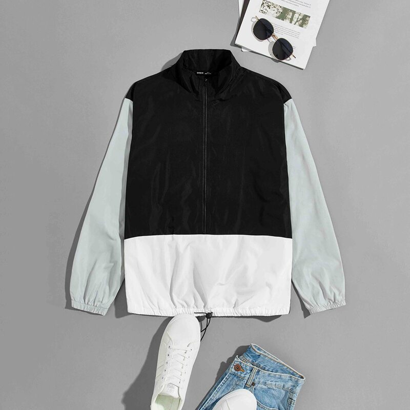 

Guys Drawstring Hem Colorblock Zipper Placket Wind Jacket, Black
