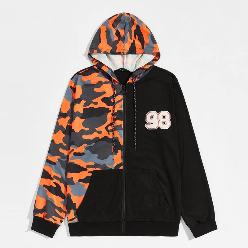 

Guys Patched Detail Camo Spliced Drawstring Hooded Jacket, Multicolor