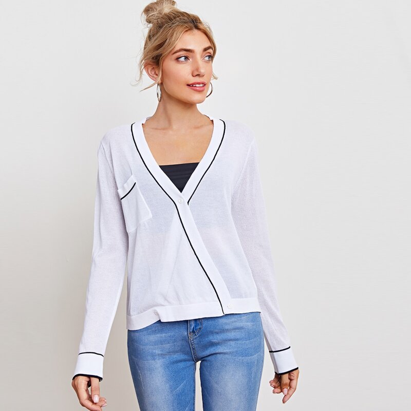 

Pocket Patched Button Up Cardigan, White