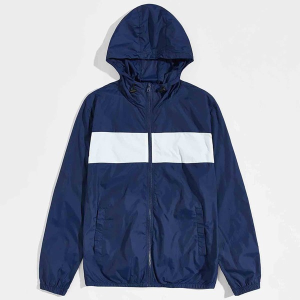 

Men Contrast Panel Zipper Fly Hooded Jacket, Blue