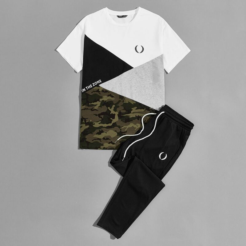 

Guys Camo and Letter Graphic Colorblock Top & Sweatpants Set, Multicolor