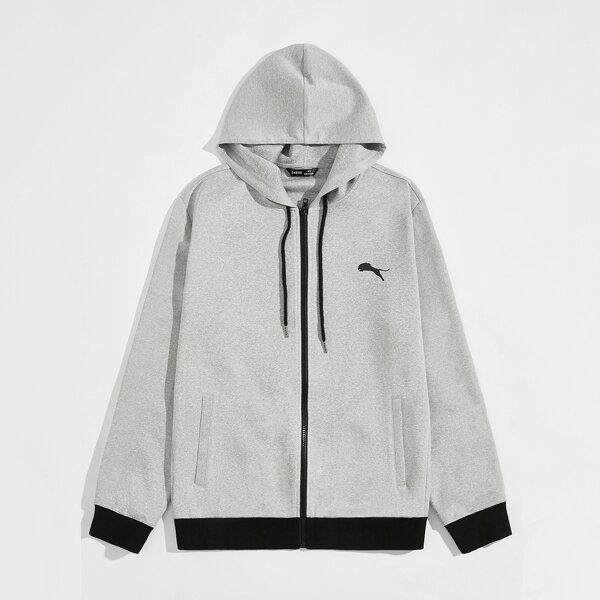 

Men Animal Print Zipper Fly Hooded Jacket, Light grey