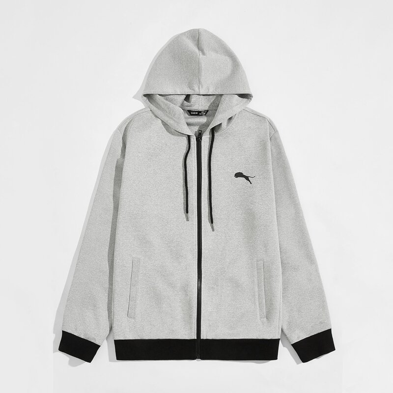 

Guys Animal Print Zipper Fly Hooded Jacket, Light grey