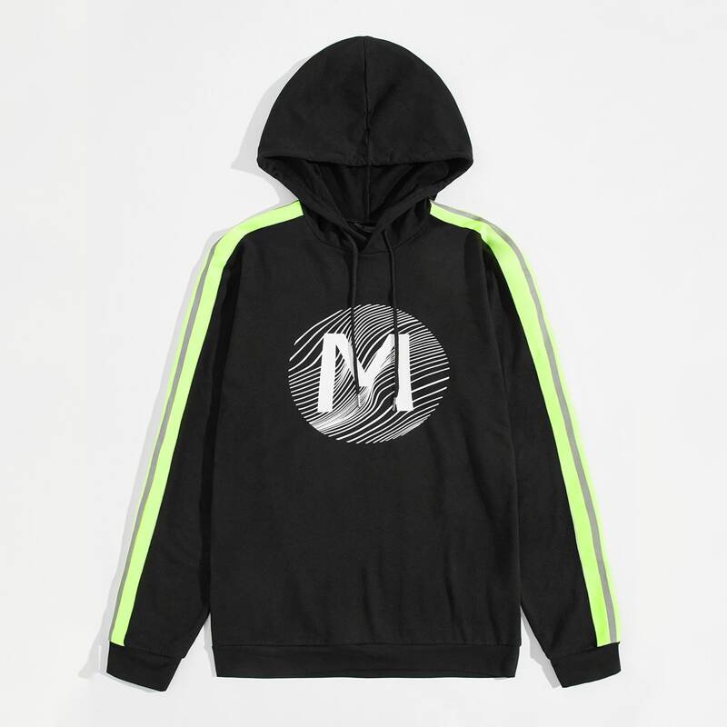 

Guys Letter Graphic Neon Tape Detail Hoodie, Black