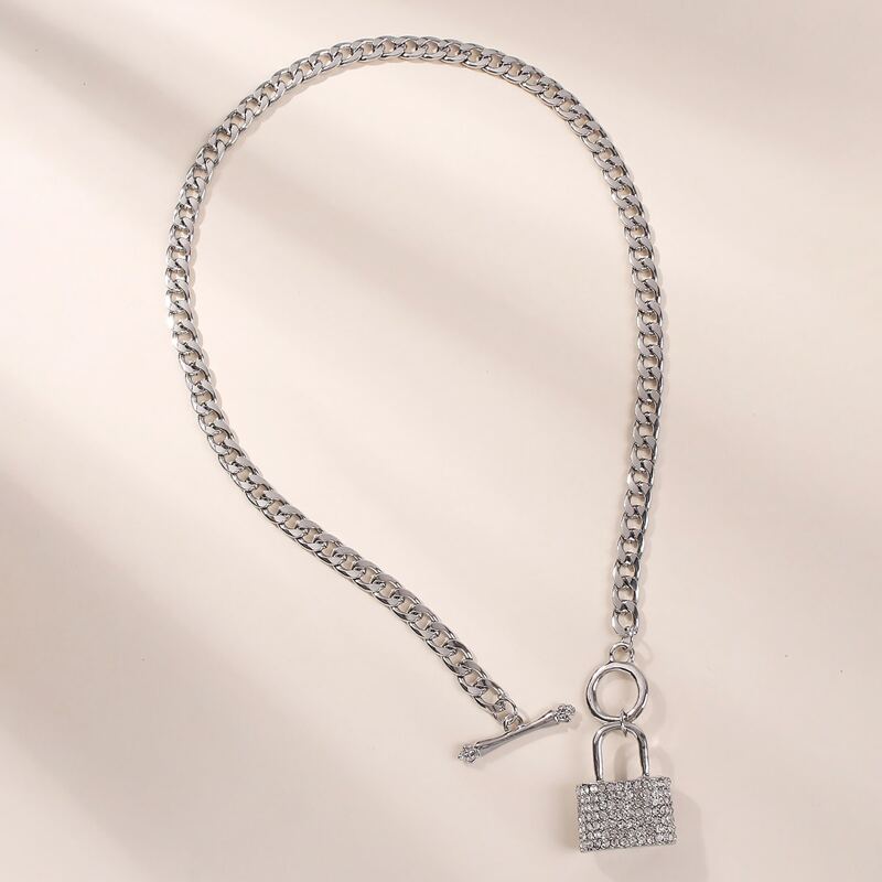 

Rhinestone Decor Lock Charm Necklace, Silver