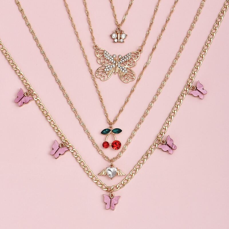 

5pcs Cherry Charm Necklace, Gold