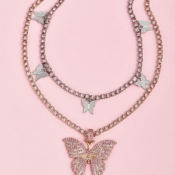 

2pcs Rhinestone Butterfly Pendant Necklace, Multicolor