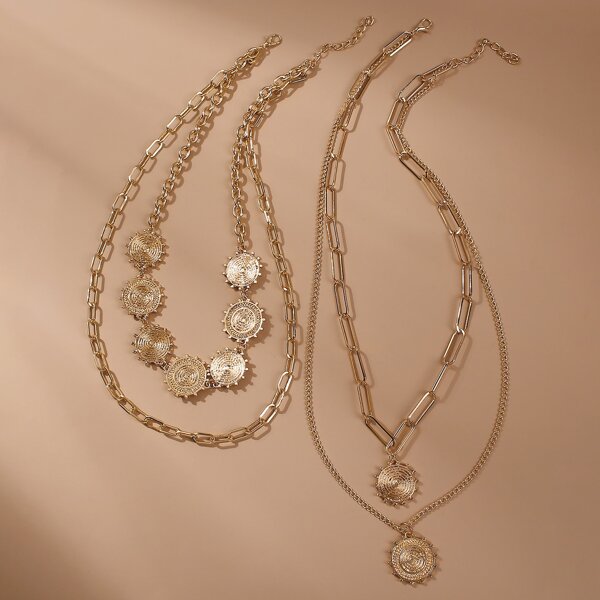 

2pcs Textured Metal Layered Necklace, Gold