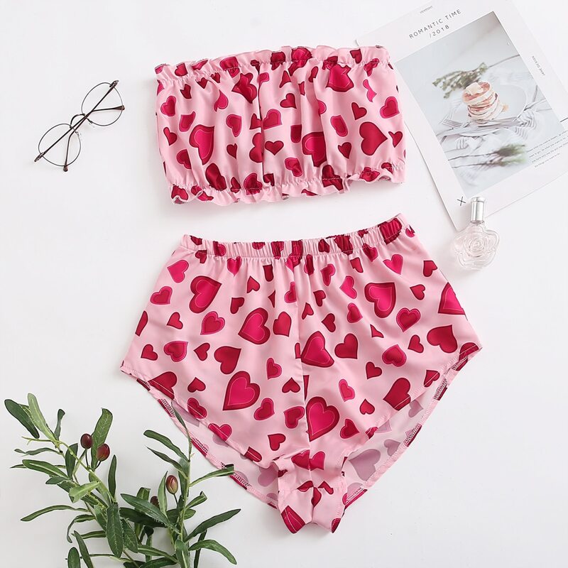 

Heart Print Tube Top With Shorts Satin PJ Set, Dusty pink
