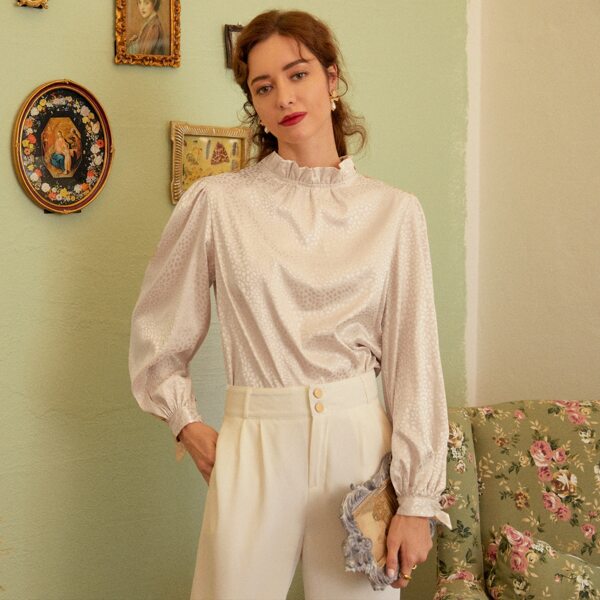 

Frill Trim Lantern Sleeve Jacquard Satin Top, Apricot