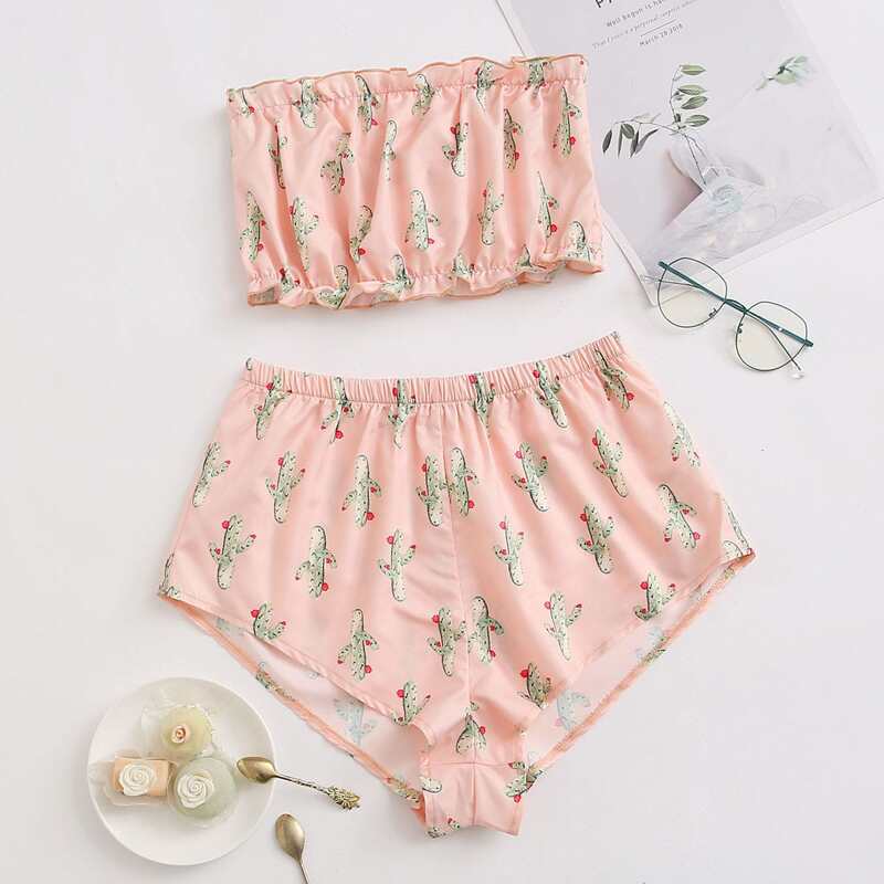 

Cactus Print Tube Top With Shorts Satin PJ Set, Baby pink