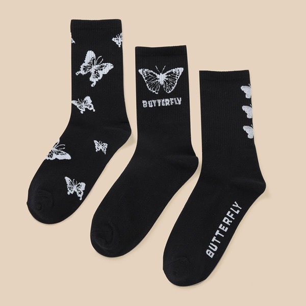 

3pairs Butterfly Pattern Socks, Black