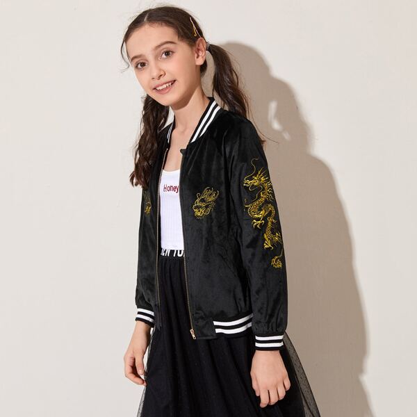 

Girls Dragon Embroidered Velvet Bomber Jacket, Black