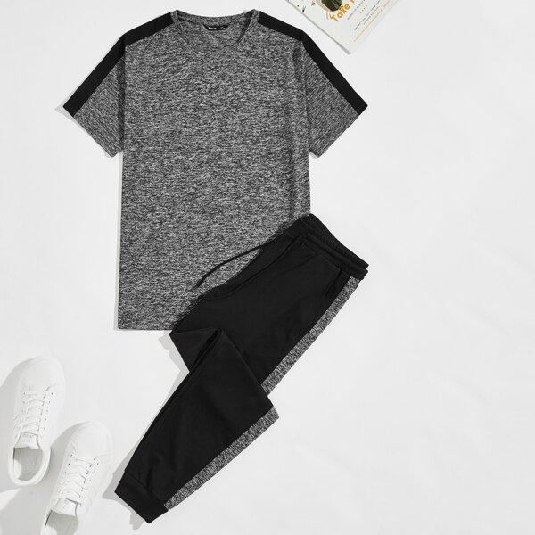 

Men Contrast Panel Marled Top & Sweatpants Set, Multicolor