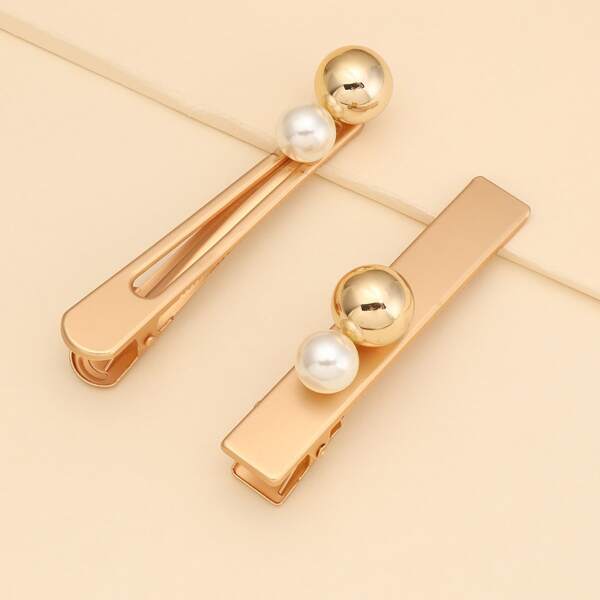 

2pcs Faux Pearl Metal Bead Hair Clip, Gold