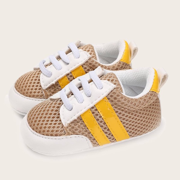 Baby Boy Lace-up Front Striped Graphic Sneakers, Coffee brown