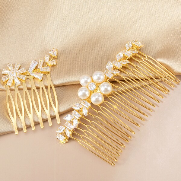 

2pcs Rhinestone Decor Hair Comb, Gold