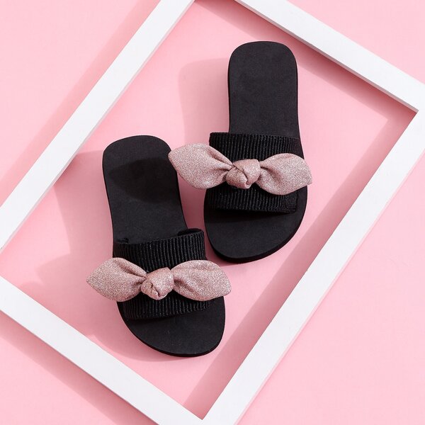 Girls Open Toe Bow Decor Slides, Black