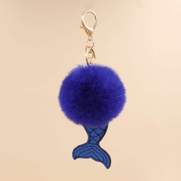 

Fluffy Pom Pom Charm Keychain, Royal blue