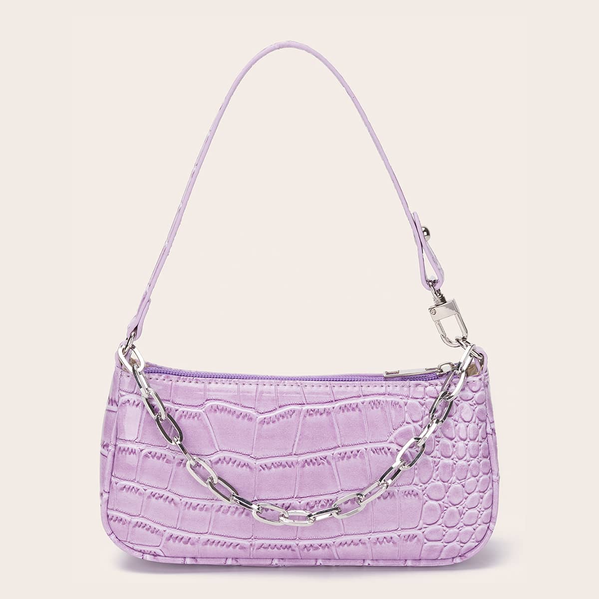 

Chain Decor Croc Embossed Baguette Bag, Purple
