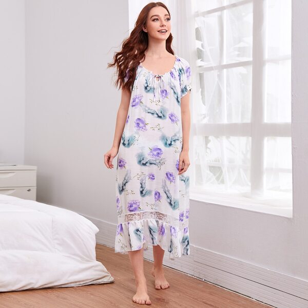 

Floral Print Lace Insert Ruffle Hem Nightdress, White
