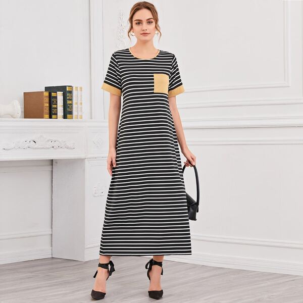 

Patched Pocket Striped Dress, Black