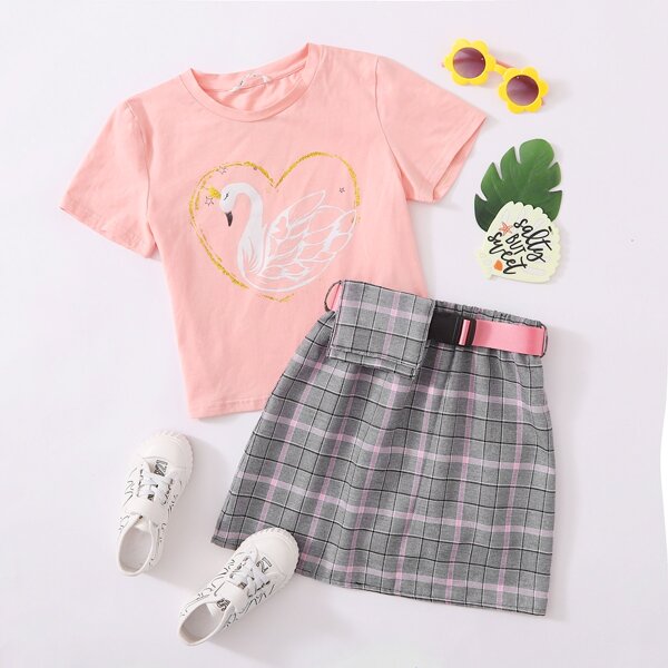 

Girls Swan Print Top & Push Buckle Belted Plaid Skirt Set, Multicolor
