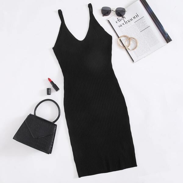 

Solid Rib-Knit Slip Bodycon Dress, Black