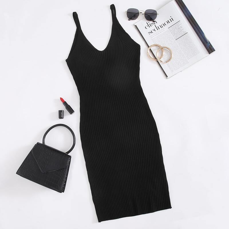 

Solid Rib-Knit Slip Bodycon Dress, Black