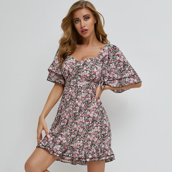 

Sweetheart Neck Flounce Sleeve Shirred Ditsy Floral Dress, Multicolor