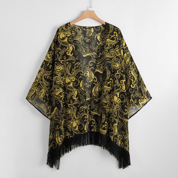 

Plus Paisley Print Fringe Hem Kimono, Multicolor