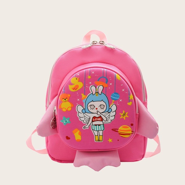 

Girls Cartoon Angel Print Backpack, Hot pink