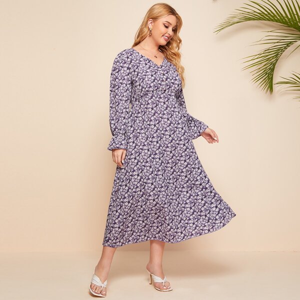 

Plus Flounce Sleeve Button Front Ditsy Floral Dress, Violet purple