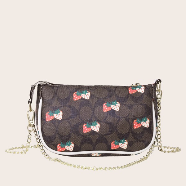 

Girls Strawberry Print Baguette Bag, Brown