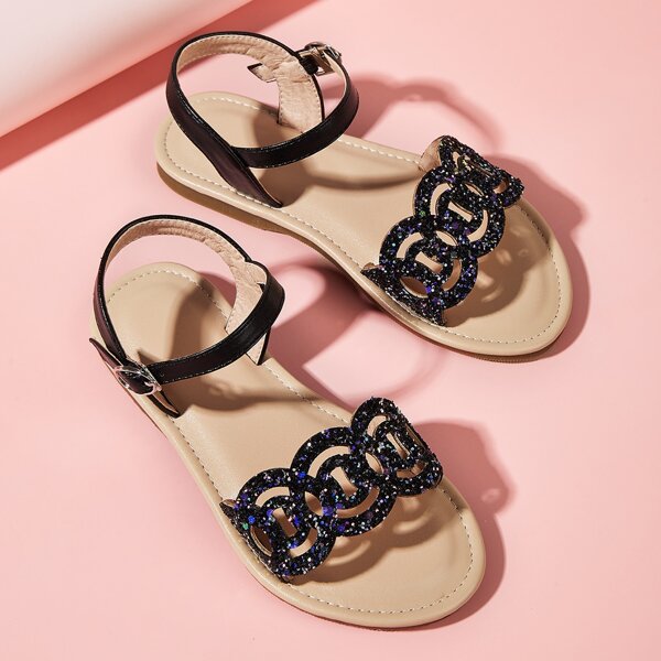 

Girls Glitter Decor Ankle Strap Sandals, Black