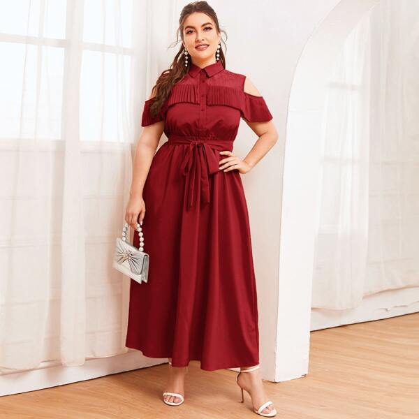 

Plus Cold Shoulder Lace Yoke Buttoned Front Pleated Foldover Self Belted Dress, Burgundy