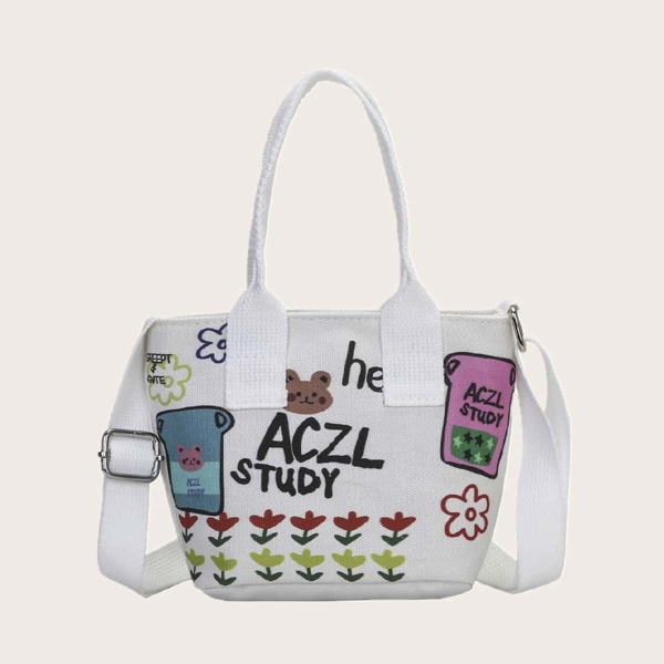 

Cartoon Graphic Canvas Satchel Bag, White