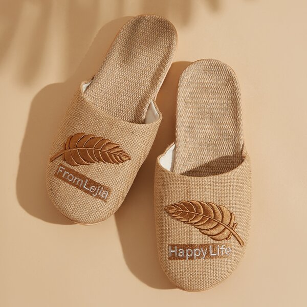 

Men Round Toe Leaf & Letter Embroidery Slippers, Khaki
