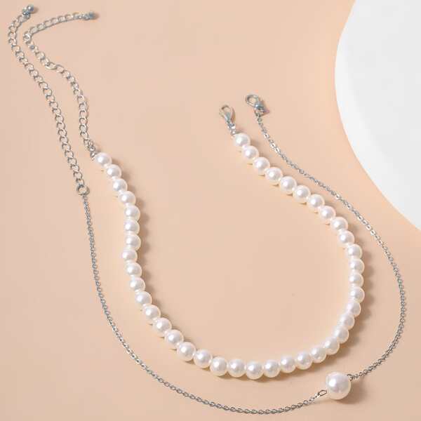 

2pcs Faux Pearl Beaded Necklace, Silver