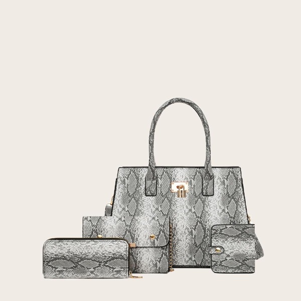 

4pcs Snakeskin Print Bag Set, Grey