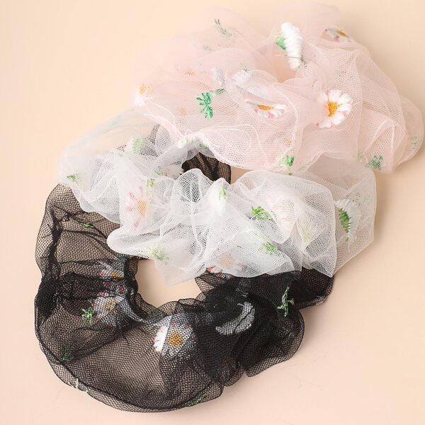

3pcs Flower Embroidery Mesh Scrunchie, Multicolor