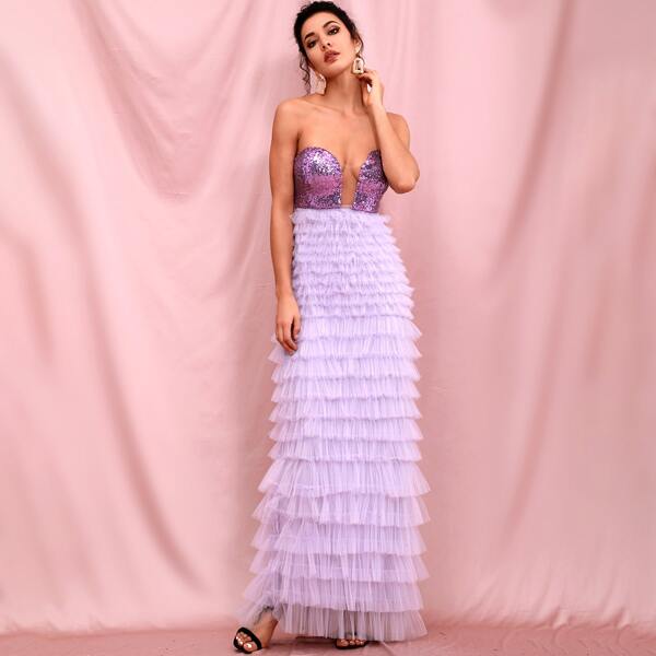 

Sequin Bodice Layered Mesh Hem Prom Dress, Lilac purple