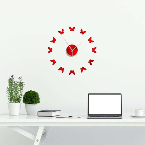 

Butterfly Design Mirror Surface Wall Clock, Red