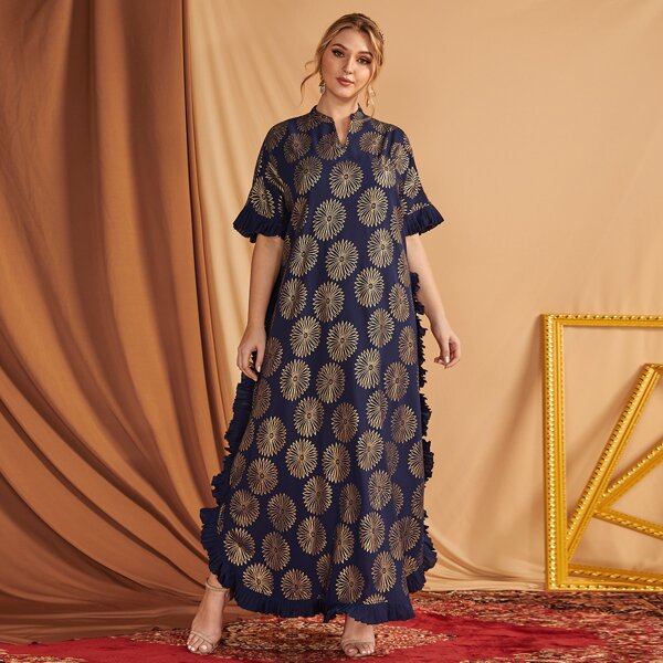 

Plus Allover Floral Pleated Trim Maxi Dress, Multicolor